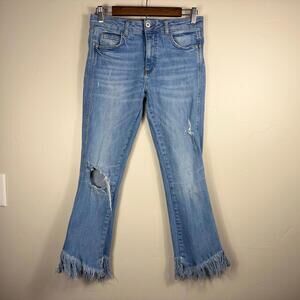 Zara Trafaluc Distressed Flare Jeans Womens US 6 Frayed Hem Light Wash Denim